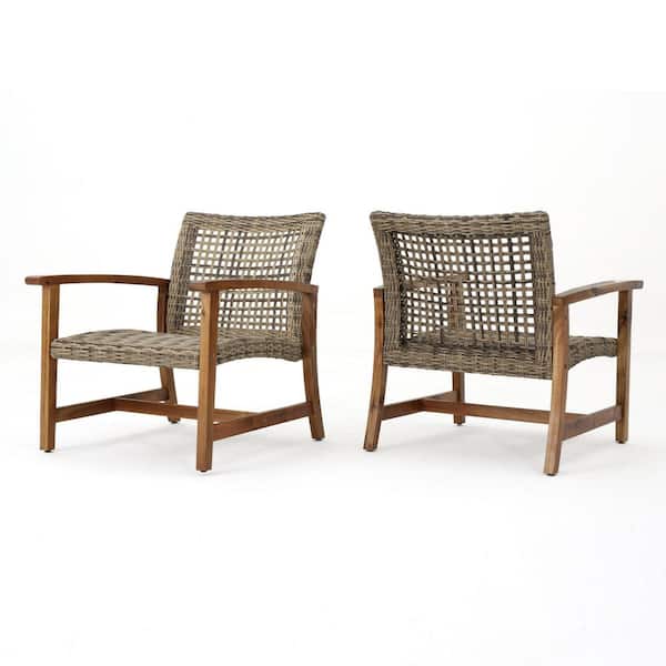 Natural+Gray Acacia Wood Wicker Club Chairs with Acacia Wood Frame Outdoor Lounge Chair Set of 2