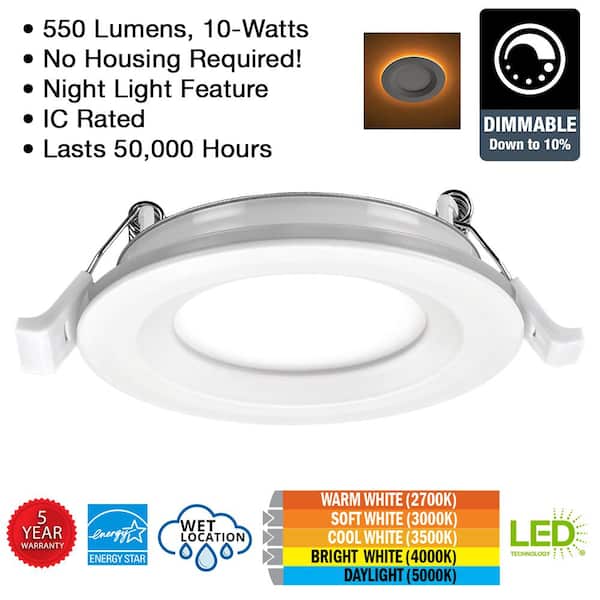 Commercial Electric 3 in. Canless Adjustable CCT LED Recessed Light Trim Night Light 550lms New Construction Remodel (4-Pack) 53826101-4PK - The Home Depot