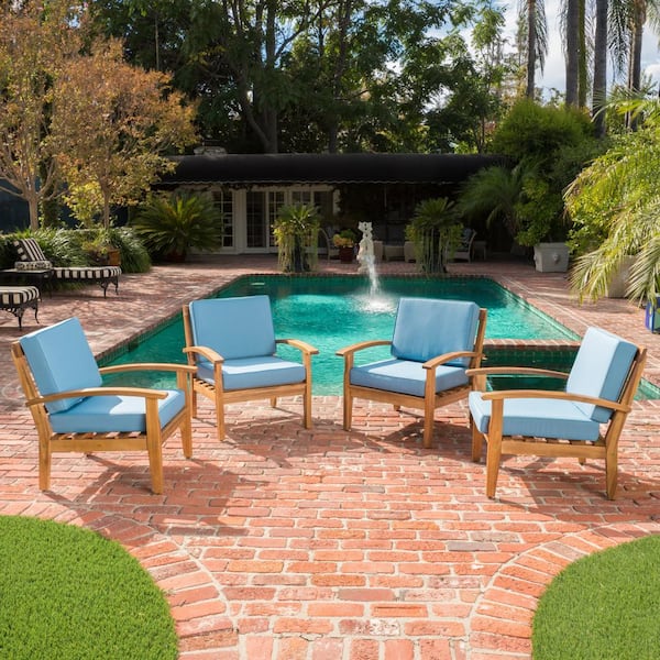 Noble House Peyton Brown Club Wood Outdoor Patio Lounge Chair with Blue Cushion (4-Pack)