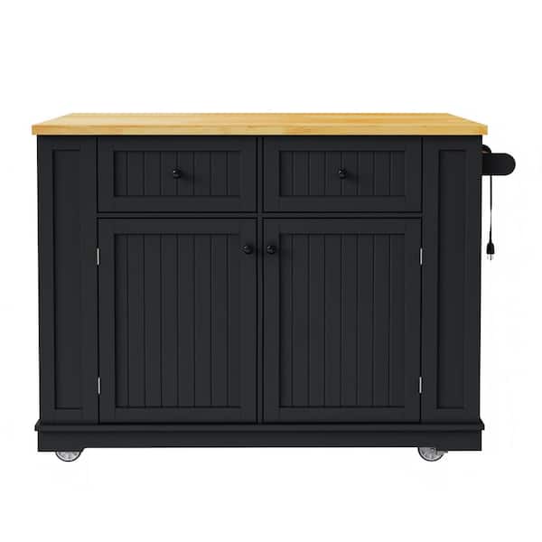 Ziyudura Black Drop Leaf Wood Top 48 in. Large Kitchen Island Cart with AC Power Outlets, USB Ports and Silent Hidden Wheels