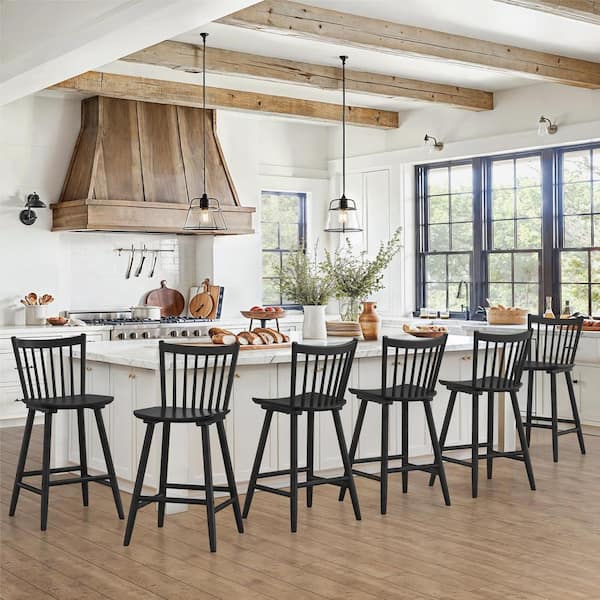 LUE BONA Winston 24 in. Black Windsor Barstool Wooden Farmhouse Spindle Back Counter Height Stool for Kitchen Island (Set of 6)