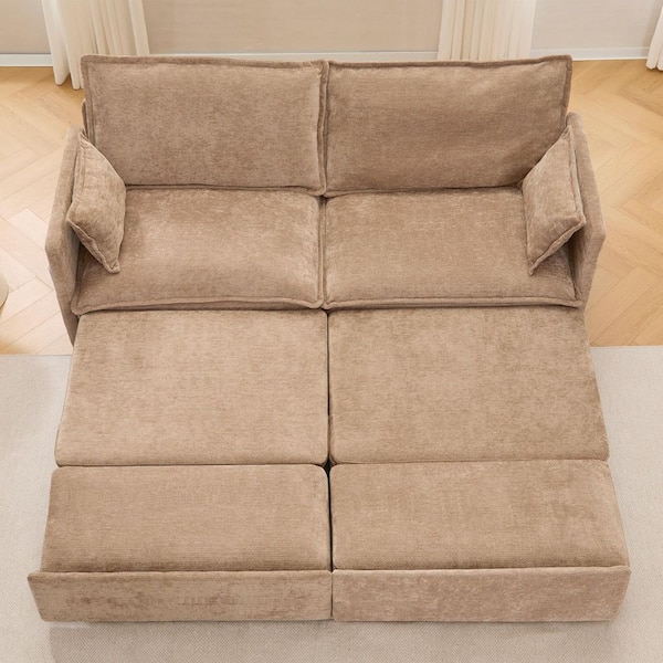 Khaki 73.6 in. Chenille Convertible Queen Size Sleeper Sofa Bed Couch with Side Storage, and USB/C-TYPE Charging Ports