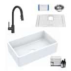 Inspire All-in-One Fireclay 30 in. Single Bowl Farmhouse Apron Front Kitchen Sink with Pfister Black Faucet and Drain