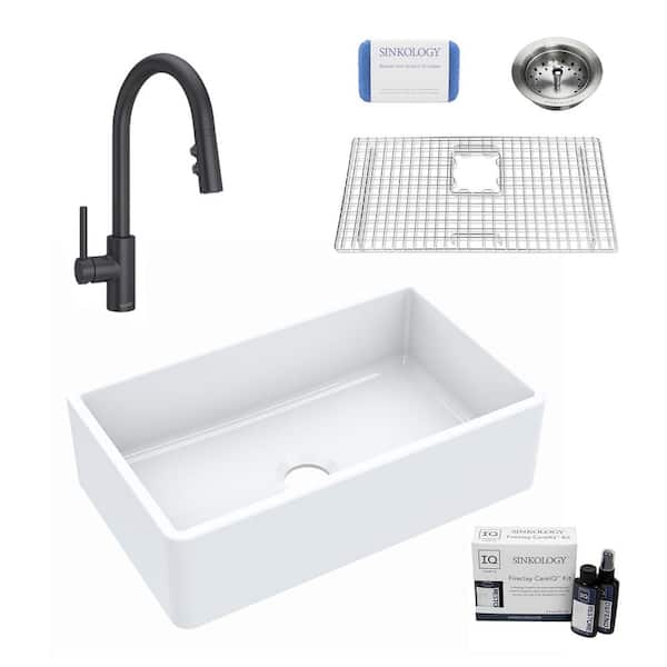SINKOLOGY Turner 30 in. Farmhouse Single Bowl Crisp White Fireclay Kitchen Sink with Stellen Faucet (Matte Black) Kit