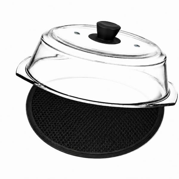 Tall Black Borosilicate Glass Microwave Splatter Cover with Silicone Mat, 10 in. Dual Vents, Dishwasher Safe