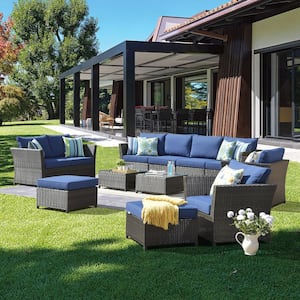 Huron Gorden Brown 12-Piece Wicker Outdoor Patio Conversation Sectional Sofa Set with Navy Blue Cushions