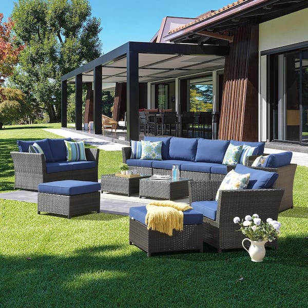 XIZZI Huron Gorden Brown 12-Piece Wicker Outdoor Patio Conversation Sectional Sofa Set with Navy Blue Cushions