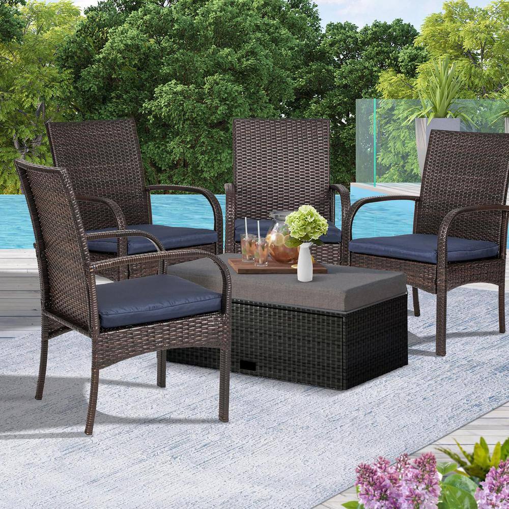 Garden Brown Wicker Outdoor Dining Chair with Navy Cushions and Armrest (2-