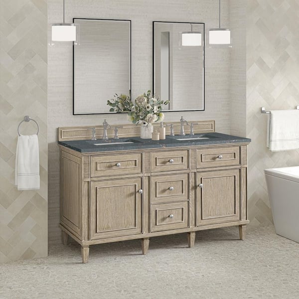 James Martin Vanities Lorelai 60.0 in. W x 23.5 in. D x 34.06 in. H Double Vanity in Whitewashed Oak with Parisien Bleu Quartz Top