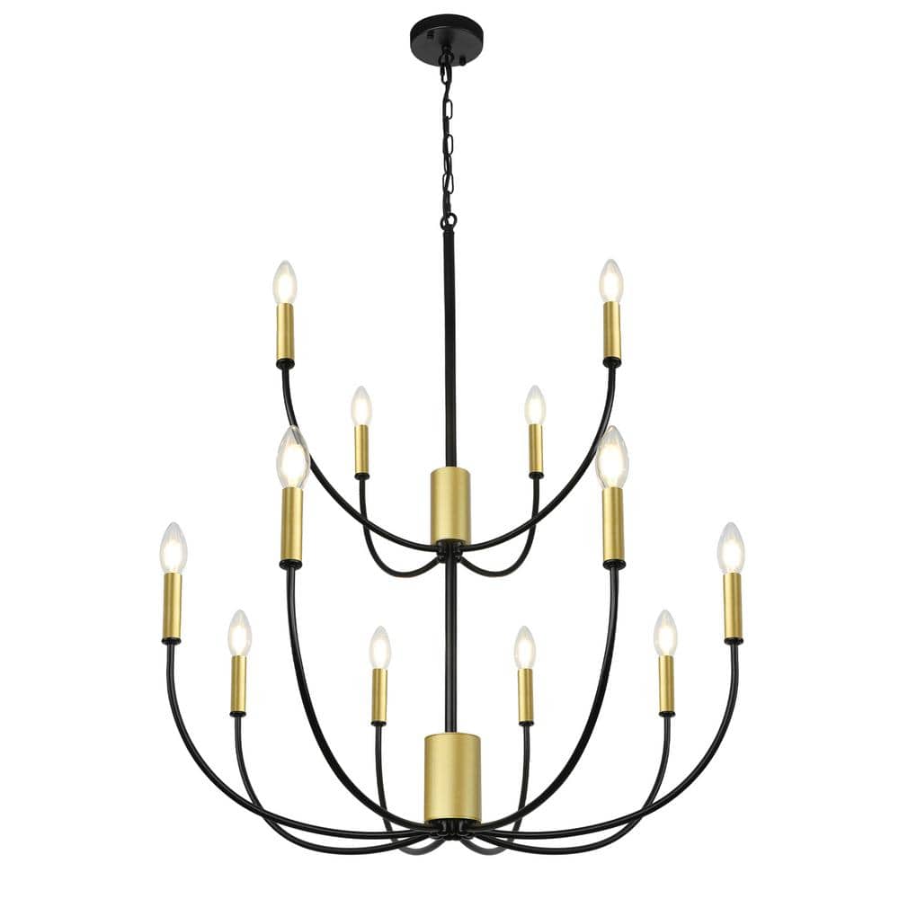 12-Light Black and Gold Large Modern Farmhouse Rustic Chandelier 28.3 in. f