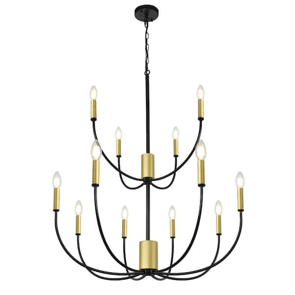 Unbranded 12-Light Black and Gold Large Modern Farmhouse Rustic Chandelier 28.3 in. for Dining Room Living Room Hallway