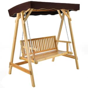 2-Person Natural Wood Patio Swing with Adjustable Canopy