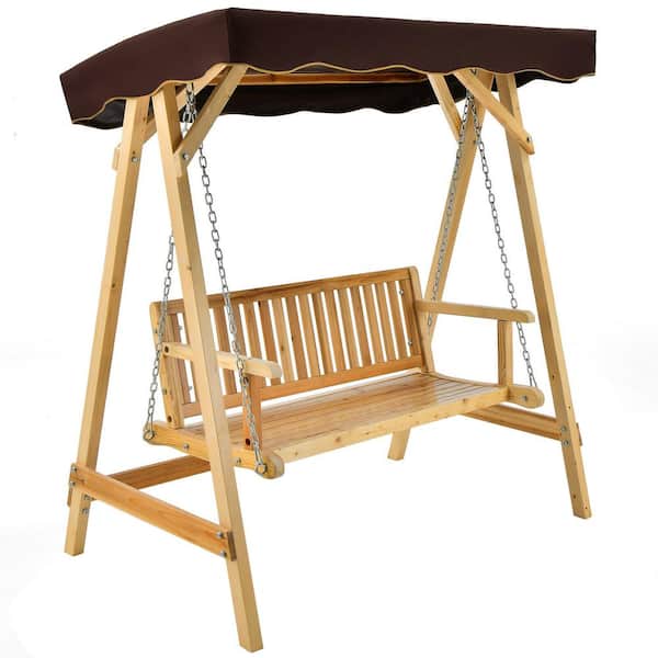 WELLFOR 2-Person Natural Wood Patio Swing with Adjustable Canopy