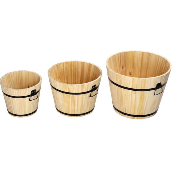Honey Brown Solid Wood Round Barrel Planter Set (3-Pack)