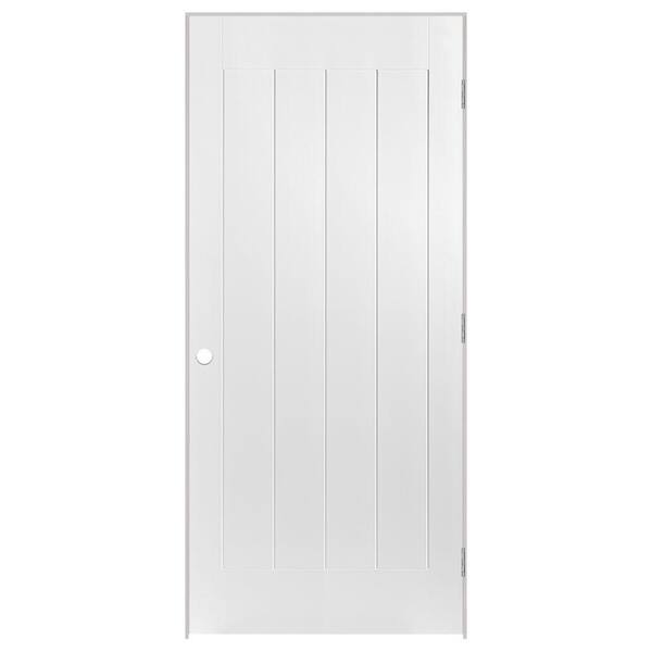 Masonite 36 in. x 80 in. Saddlebrook 1-Panel Plank Right-Handed Hollow-Core Smooth Primed Composite Single Prehung Interior Door