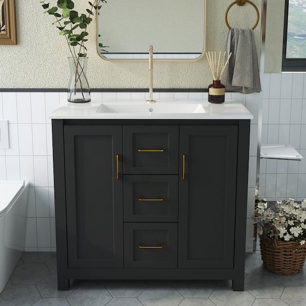 KPUY 36 in. Freestanding Black Bath Vanity with White Ceramic Top