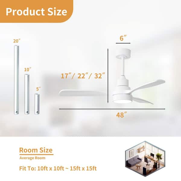 48 in. Integrated LED Indoor Downrod Mount White Standard Ceiling Fan with Dimmable Light and Remote DC Motor