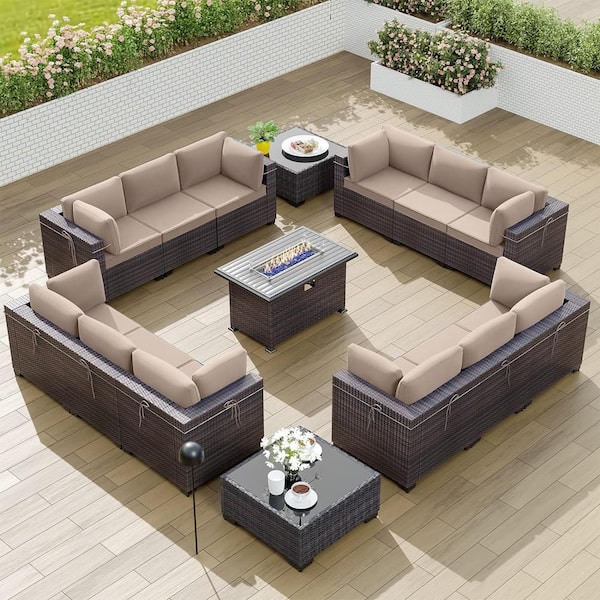 Halmuz 15-Piece Wicker Patio Conversation Set with 55000 BTU Gas Fire Pit Table and Glass Coffee Table and Sand Cushions