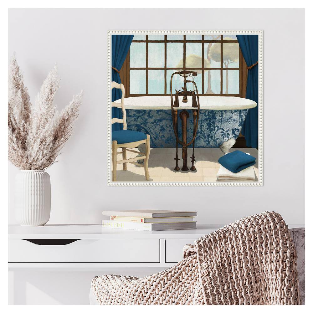 Blue and White Framed Canvas Wall Art with Bathtub Scene