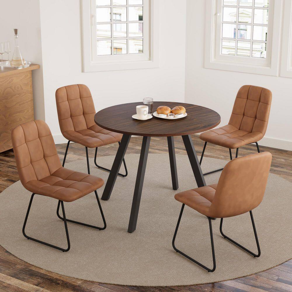 GOJANE 5-Piece 34.6 in. Modern Round Dining Table with Leather Chairs ...