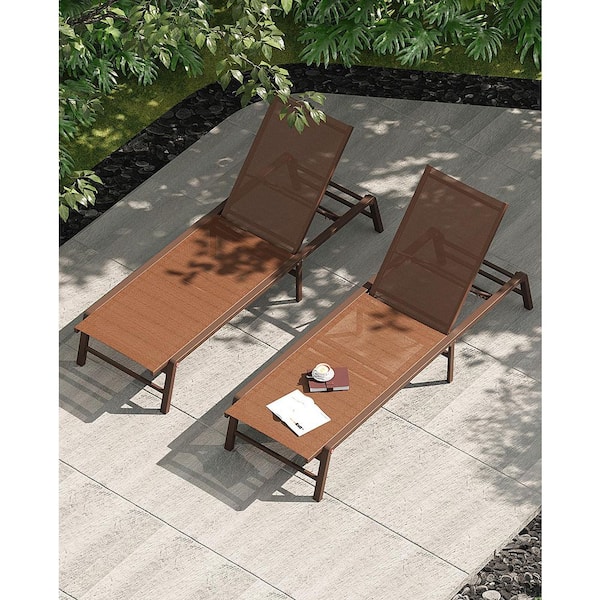 FHVIT Outdoor Patio Chaise Lounge Aluminum Folding Pool Lounge Chair with 5-Position Adjustable, Brown 2 Pieces