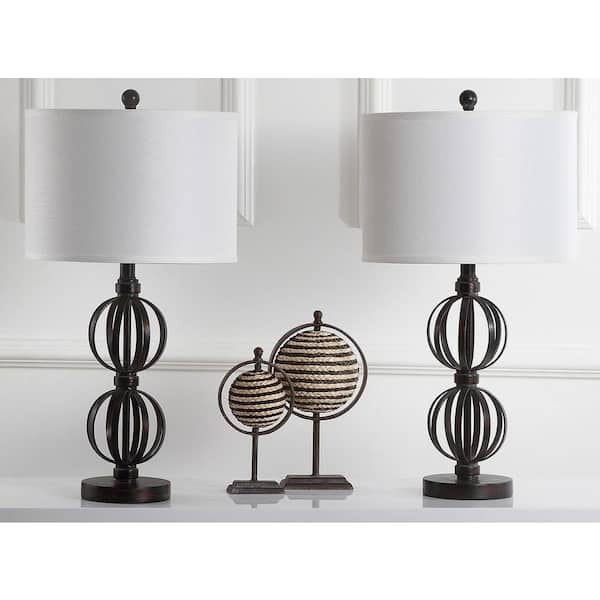 Calista 27.75 in. Oil-Rubbed Bronze Double Sphere Iron Table Lamp with Off-White Shade (Set of 2)