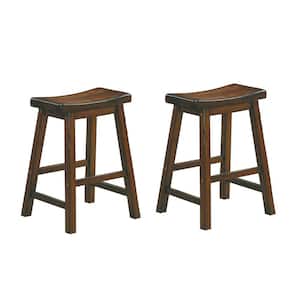 19 in. Distressed Cherry Backless Wooden Farme Counter Height Bar Stool with Saddle Seat (Set Of 2)