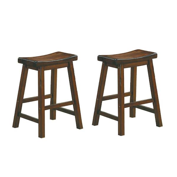 Benjara 19 in. Distressed Cherry Backless Wooden Farme Counter Height Bar Stool with Saddle Seat (Set Of 2)