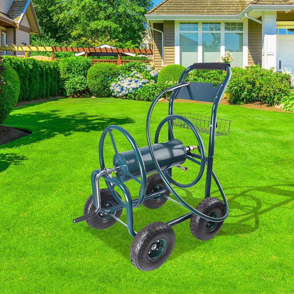 2 cu. ft. Metal Garden Cart - 4 Wheels Portable Garden Hose Reel Cart with 