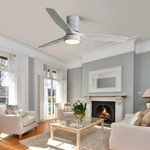 52 in. Indoor Silver Flush Mount Ceiling Fan with 3 Solid Wood Blades Remote Control Reversible DC Motor with LED Light