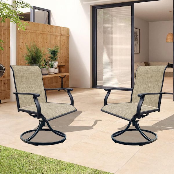 Zeus & Ruta Black Outdoor Swivel Dining Chair Lawn Chairs with Breathable Textilene in Brown Set of Two for Porch, Backyard and Deck