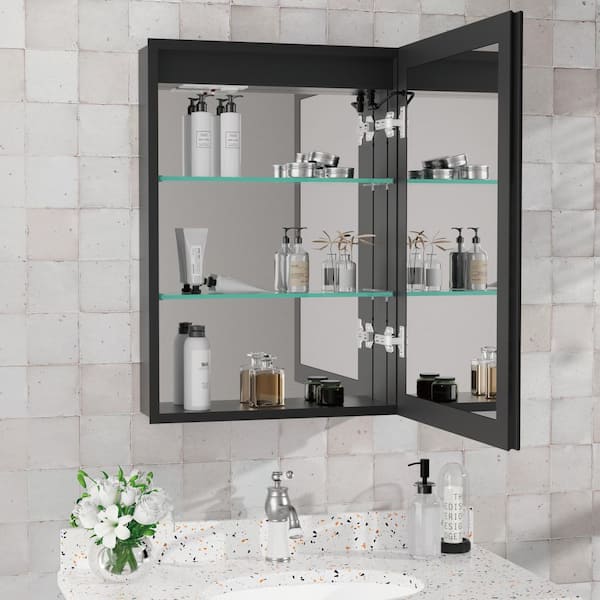Flora 20 in. W x 28 in. H Rectangular Aluminum Recessed Medicine Cabinet with Mirror and Light, Dimmable, Right Hinge