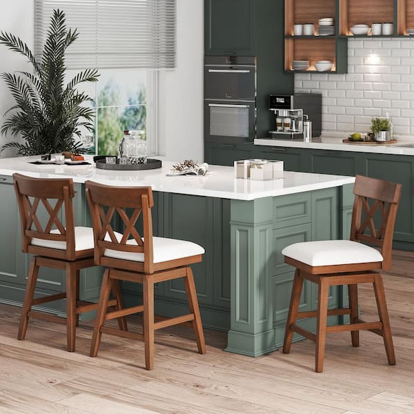 Gymax 2 in. Bar Stool Wooden Chair w/Contoured Backrest Swivel Padded Seat for Kitchen Brown and Beige