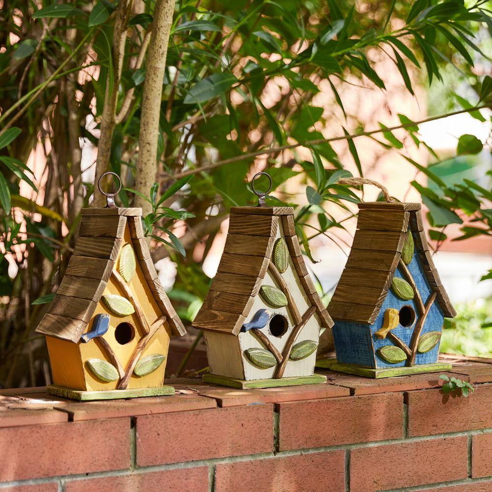Distressed Washed White Solid Wood Birdhouse with Natural Pallet Roof