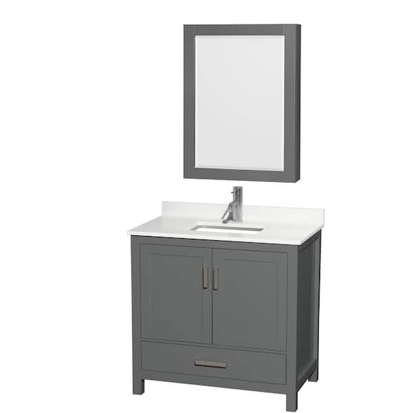 Wyndham Collection Sheffield 36 in. W x 22 in. D x 35 in. H Single Bath Vanity in Dark Gray with White Quartz Top and Mirror