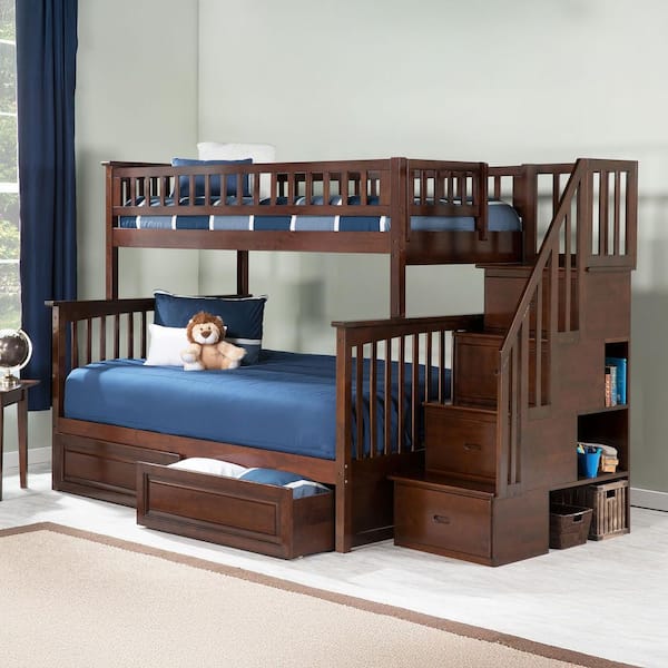 AFI Columbia Staircase Bunk Bed Twin over Full with 2-Raised Panel Bed Drawers in Walnut
