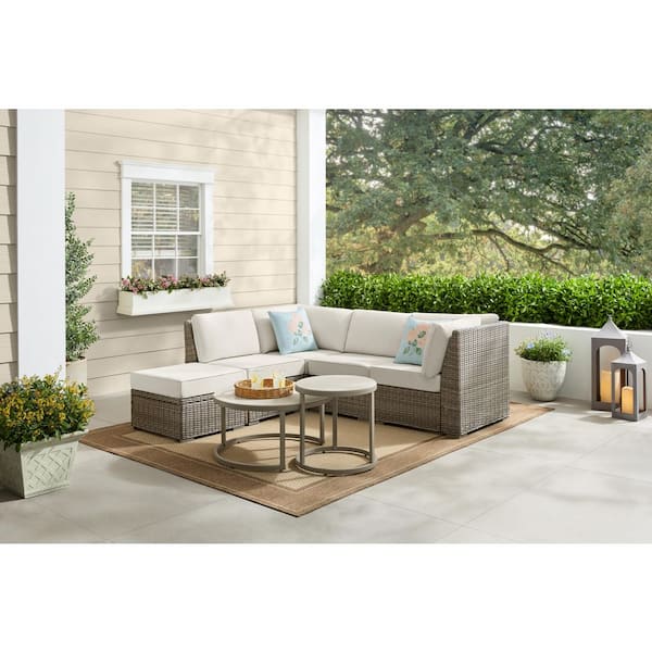Holly Cove Wicker Corner Outdoor Sectional Chair with CushionGuard Almond Cushions (2-Pack) and Coffee Table