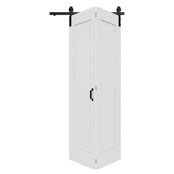 42 in., x 84 in., Paneled 1-Lite White Primed Hollow Core MDF Composite Bi-fold Door with Bifold Barn Door Hardware