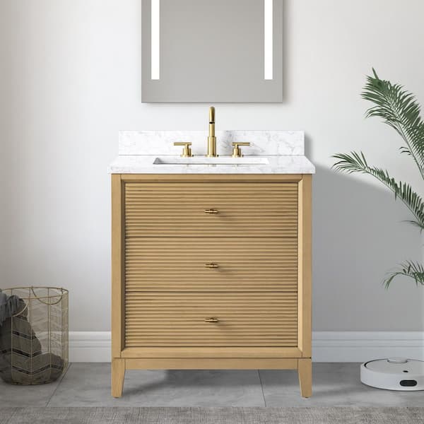 30 in. W x 34 in. H Single Sink Natural Oak Bath Vanity Cabinet with Arabescato White Engineered Marble Top