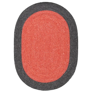 Braided Red Black 4 ft. x 6 ft. Abstract Border Oval Area Rug