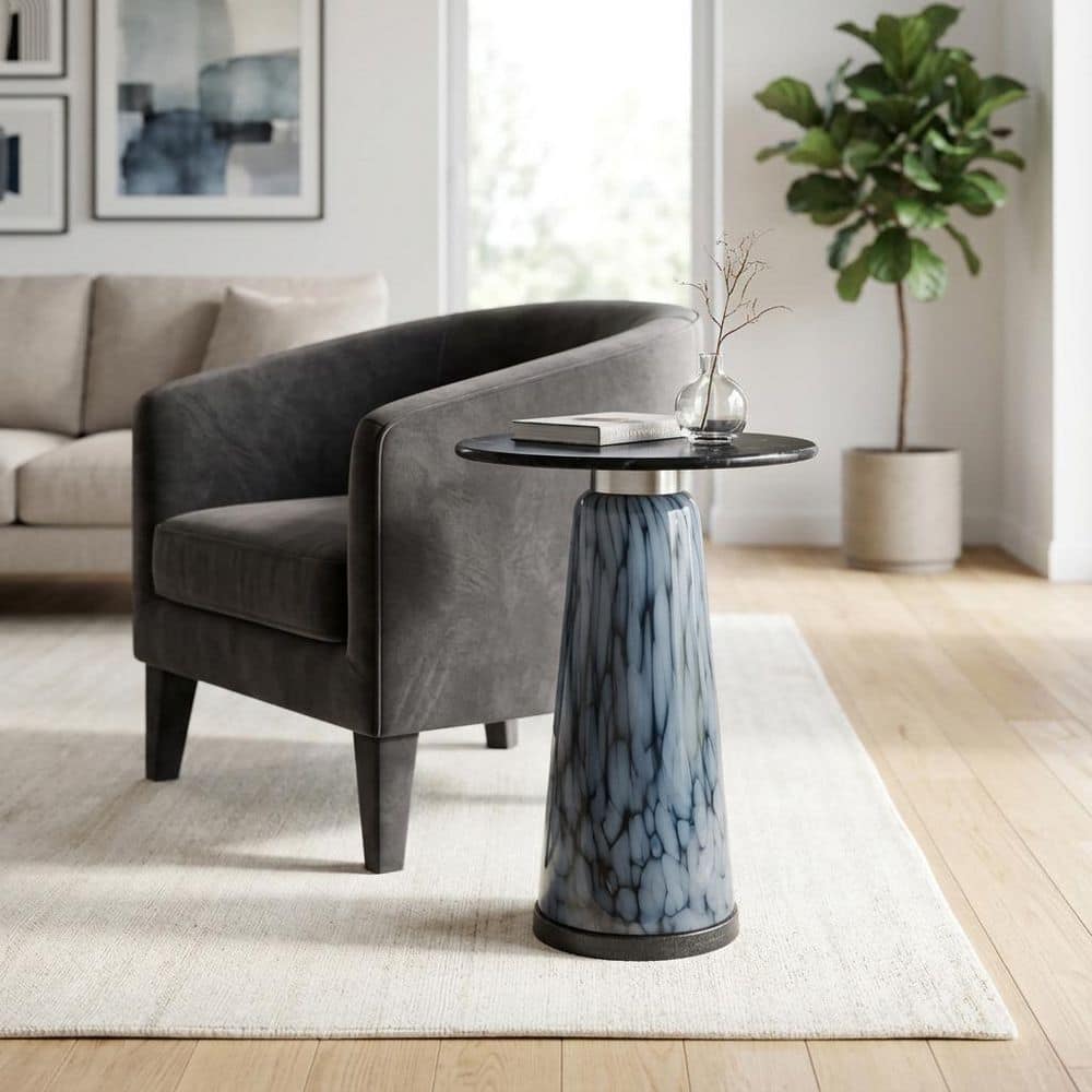 14 in. Black Round Marble Top Accent End Table with Tapered Blue Glass Art Base