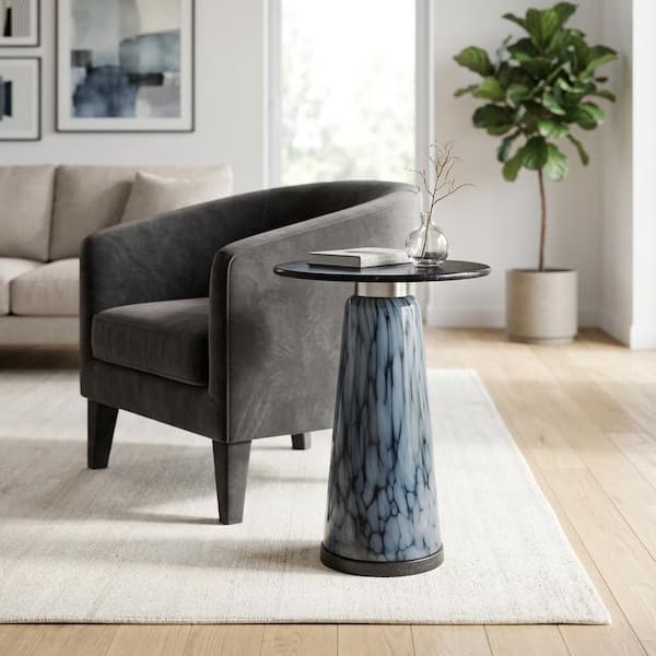 14 in. Blue Round Marble Top Tall Art Tapered Base End Table