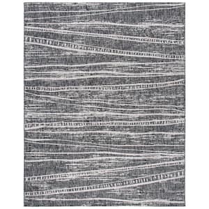 Courtyard Black/Ivory 8 ft. x 10 ft. Abstract Striped Indoor/Outdoor Patio  Area Rug