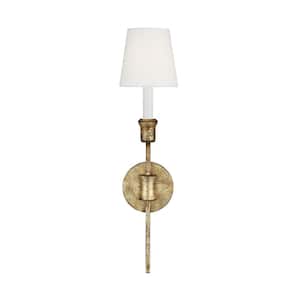 Westerly 5 in. W x 20.75 in. H 1-Light Antique Gild Dimmable, Traditional Wall Sconce with White Linen Fabric Shade