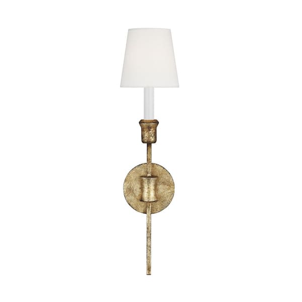 Generation Lighting Westerly 5 in. W x 20.75 in. H 1-Light Antique Gild Dimmable, Traditional Wall Sconce with White Linen Fabric Shade