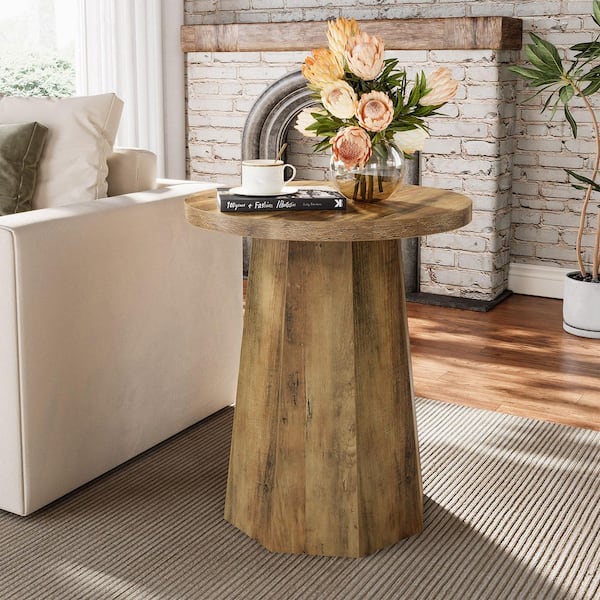 BYBLIGHT Kerlin 19.7 in. Rustic Brown Round Wood End Table, Small Drum Side Table, Snack Table for Living Room, Bedroom