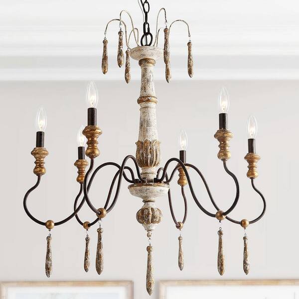 Candle Chandelier 6 Light Wood Beads, Modern Country Light Fixtures