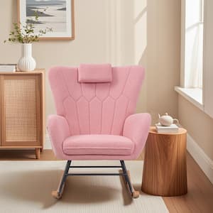 Pink Nursery Rocking Chair, Teddy Fabric Upholstered Glider Rocker with Headrest High Backrest, Rocking Accent Chair