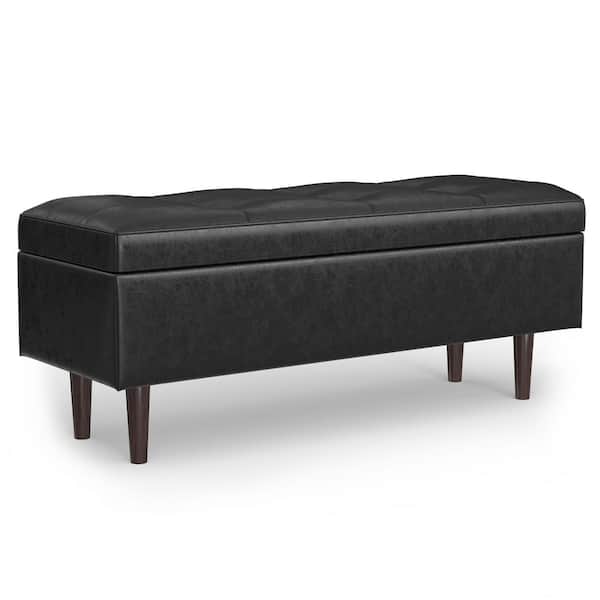 Simpli Home Shay 48 in. Rectangle Mid Century Storage Ottoman in Distressed Black Vegan Faux Leather, Assembled