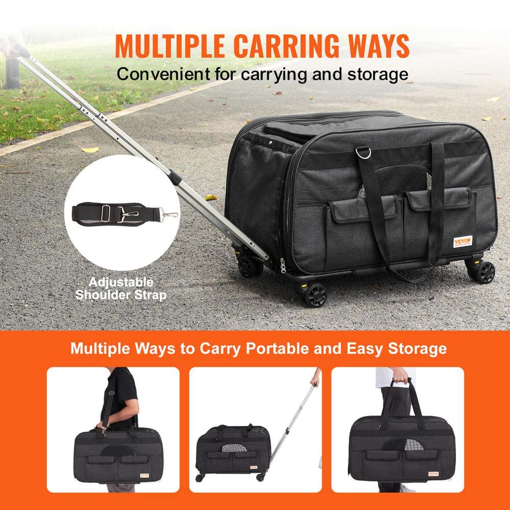 Large Black Soft-Sided Rolling Pet Carrier with Mesh Windows